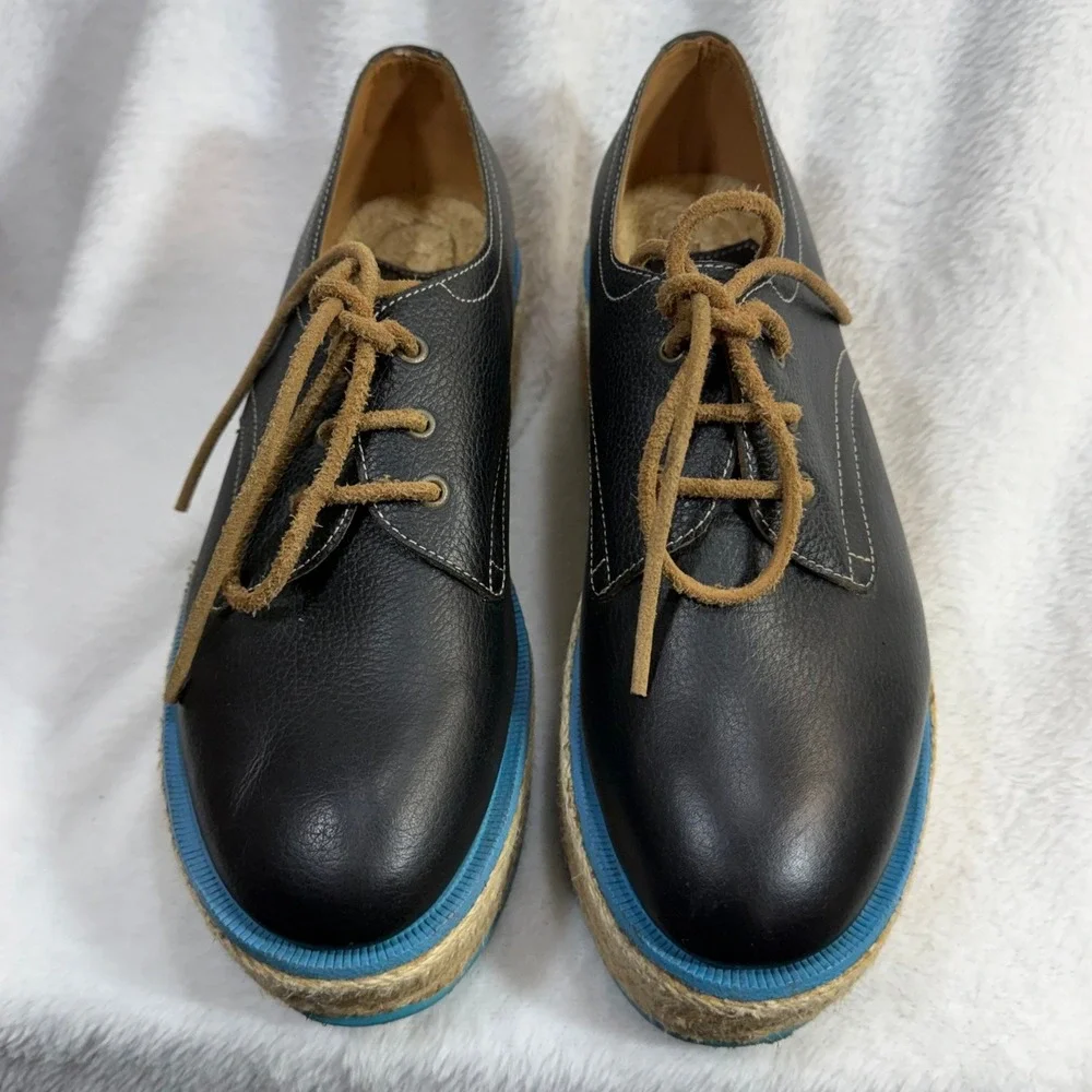 John‎ Fluevog 4 Platform Oxford Shoe Black Espadrille Jute Designer Boho Artsy